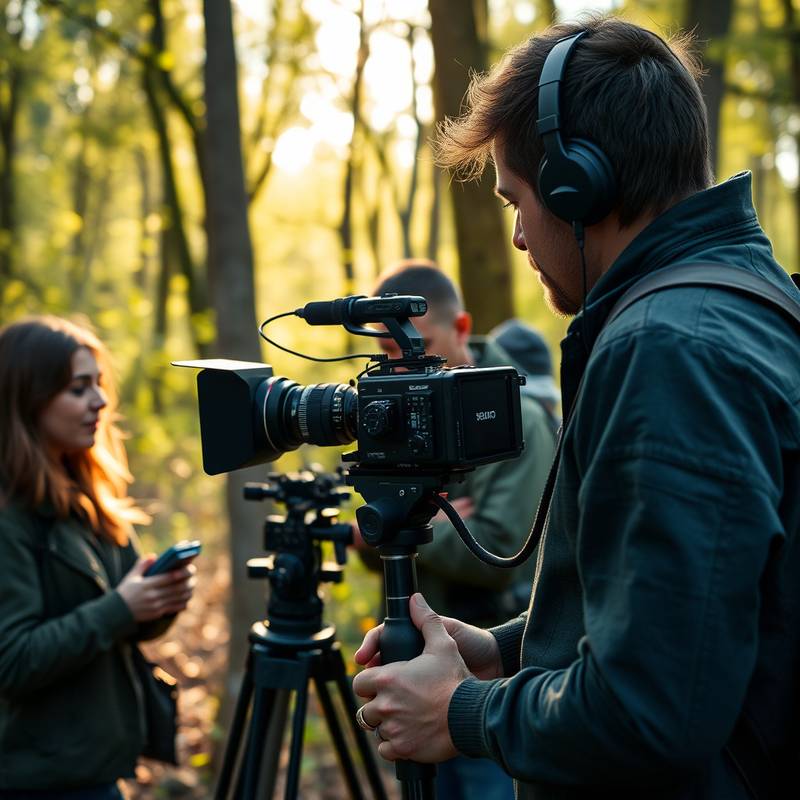 Billede af et dokumentarfilmhold under optagelse i naturen, der illustrerer uddannelsen i dokumentarfilmproduktion